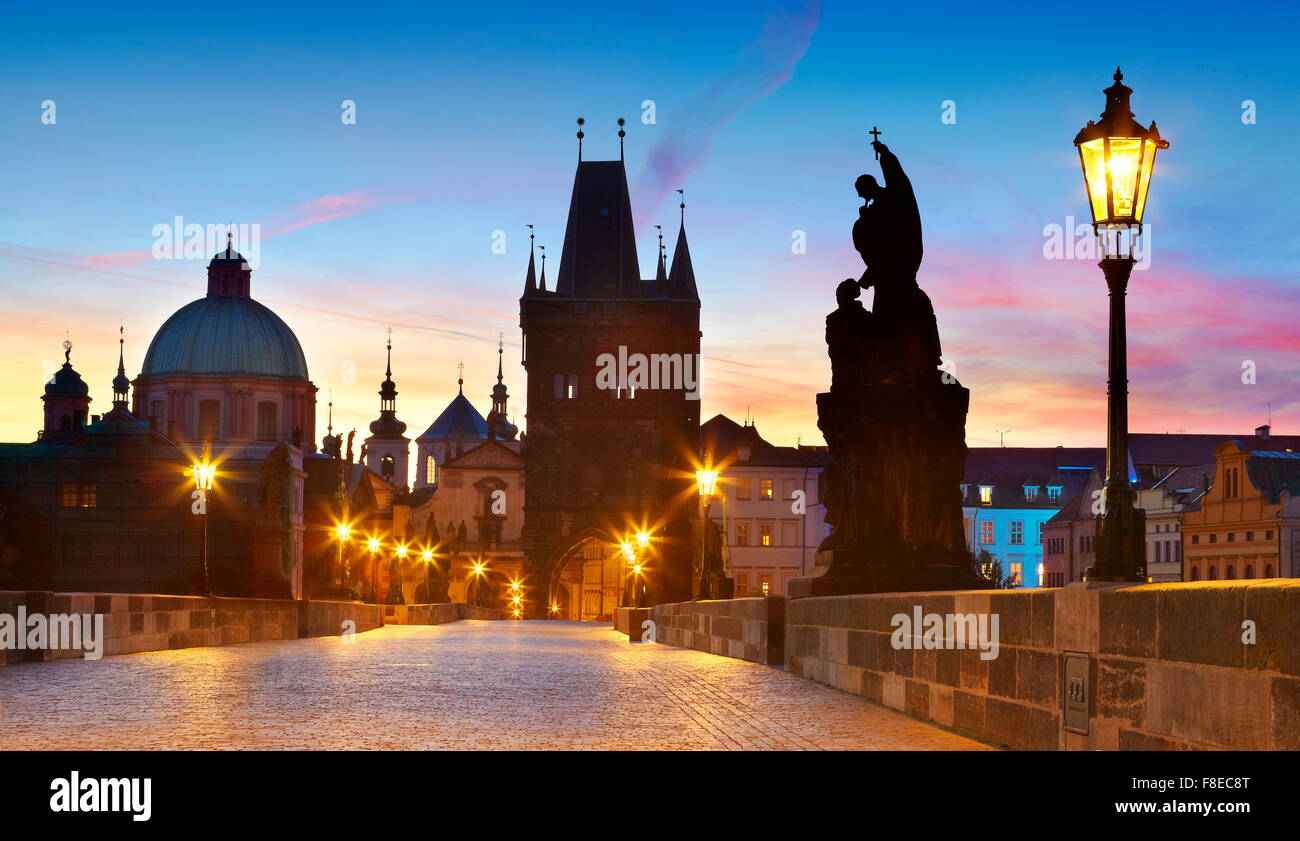 Charles Bridge skyline, Prague Old Town city, Czech Republic, UNESCO Stock Photo