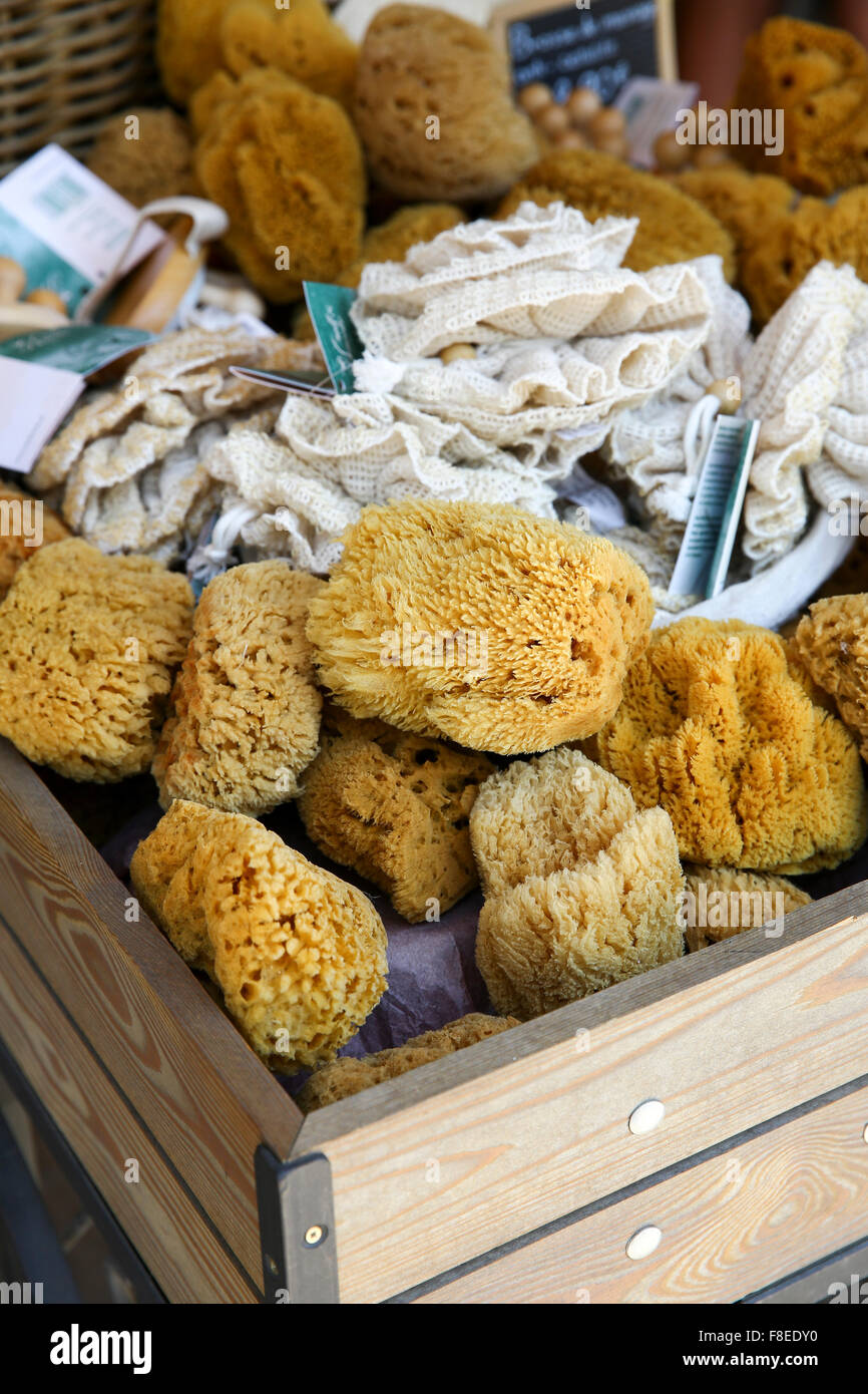 natural sponges for sale in a soap shop, the French Riviera, Sainte-Maxime, France Stock Photo