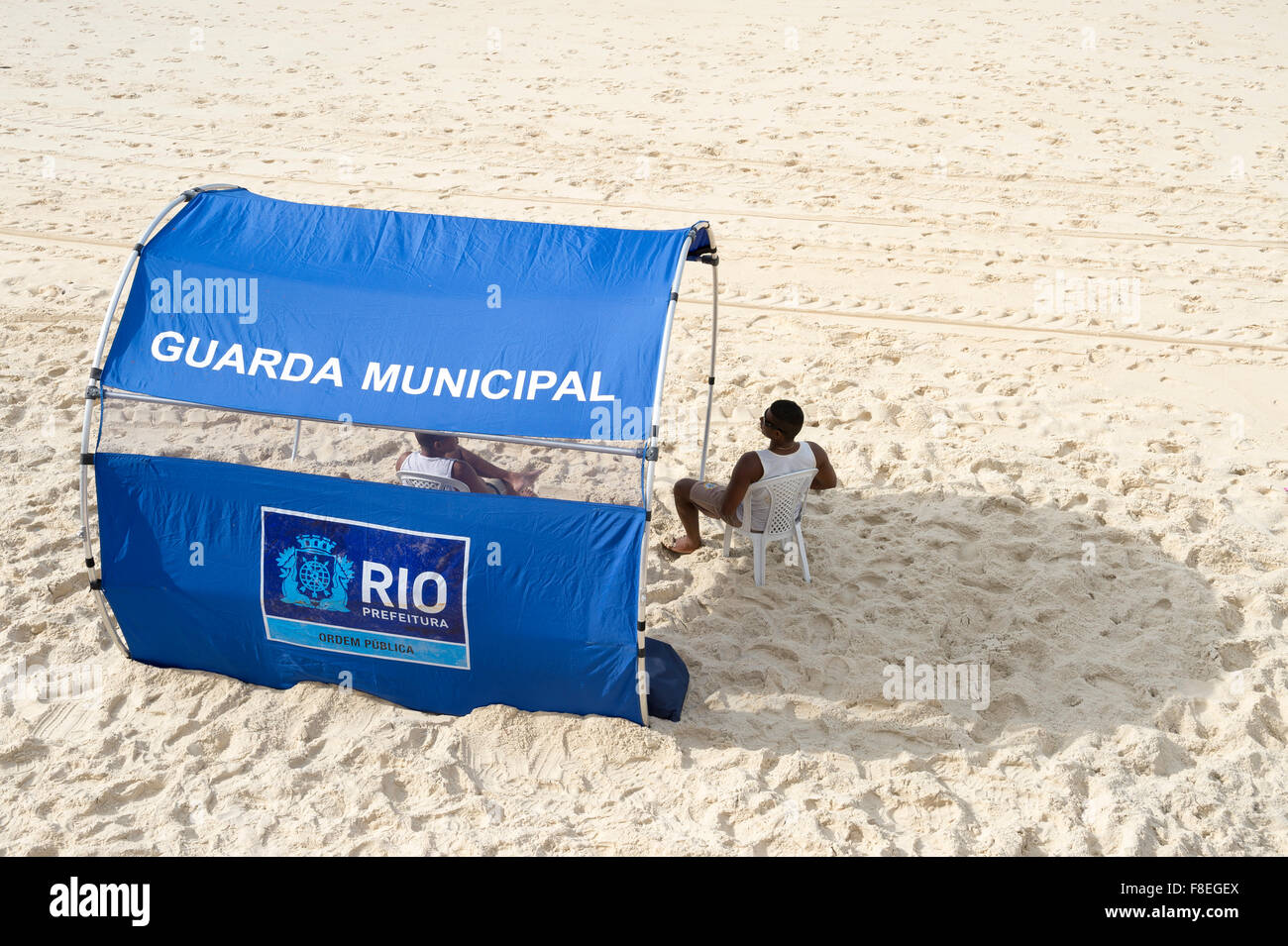 RIO DE JANEIRO, BRAZIL - OCTOBER 22, 2015: Tent for the Guarda Municipal, a city security force, stands on Ipanema Beach. Stock Photo