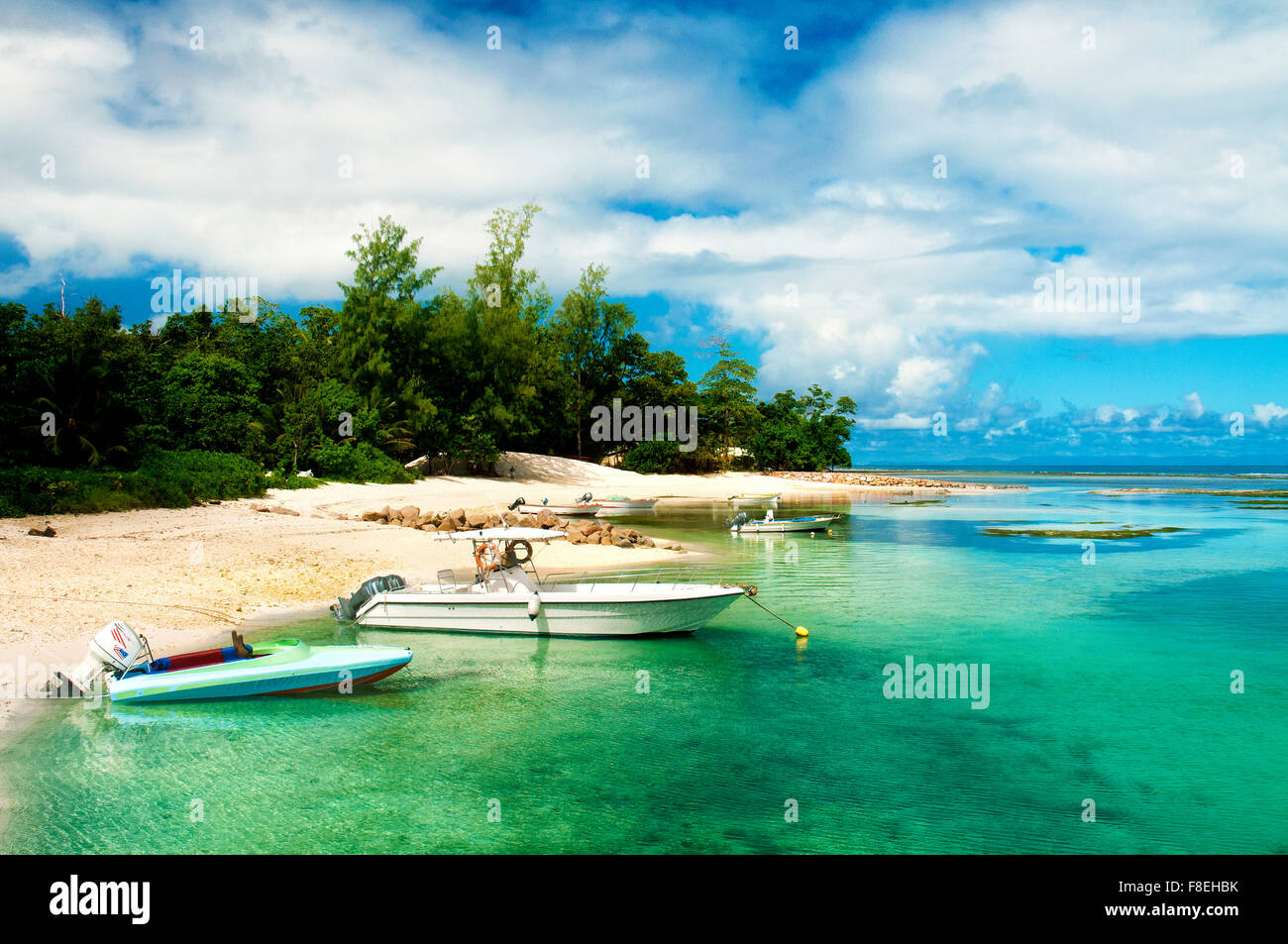 Boats in La Passe, La Digue, Seychelles Stock Photo