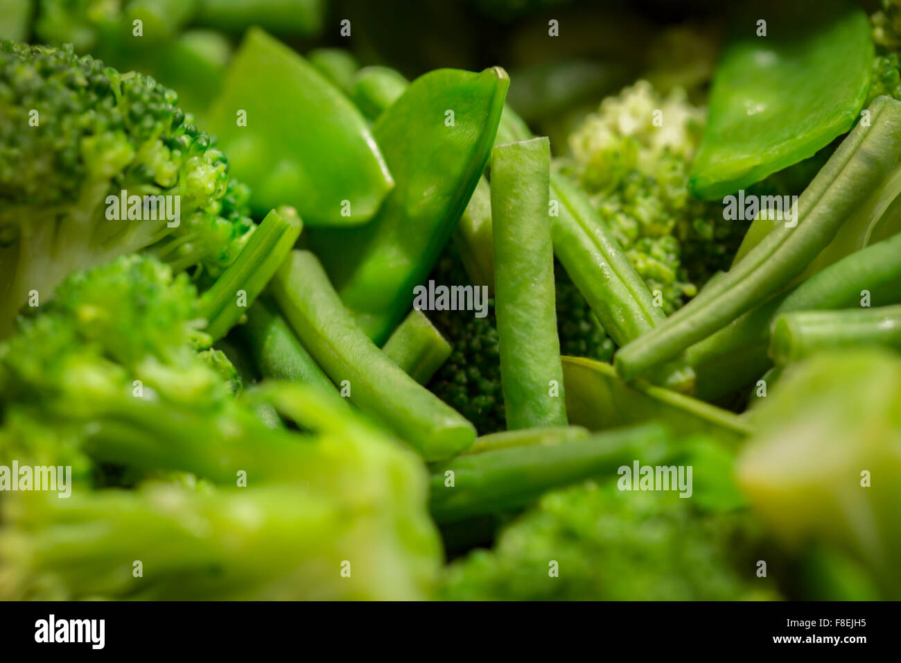 Detail view of Broccoli Beans and snow peas Stock Photo