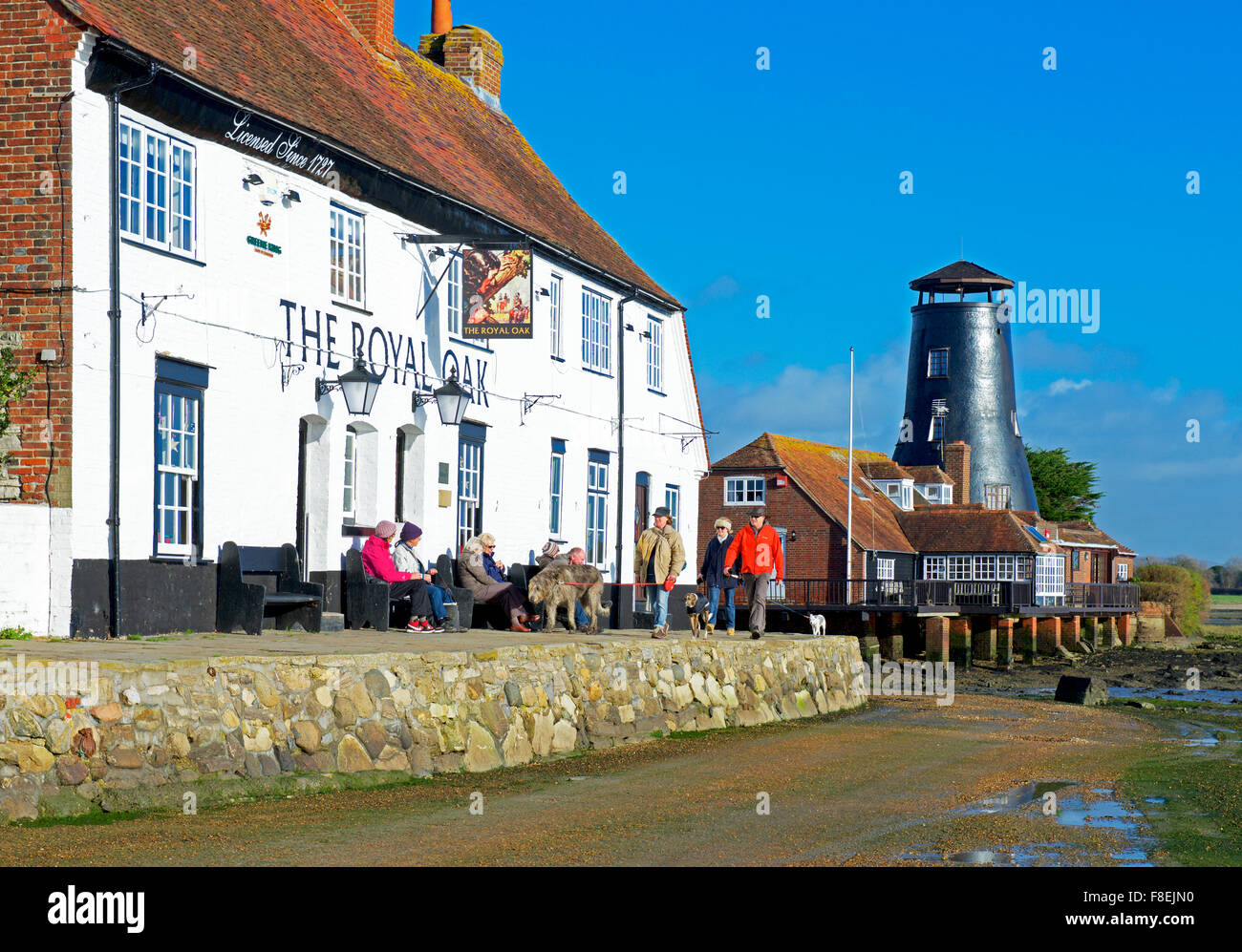 The Royal Oak pub and Langstone Mill, Langstone, Havant, Hampshire, England UK Stock Photo