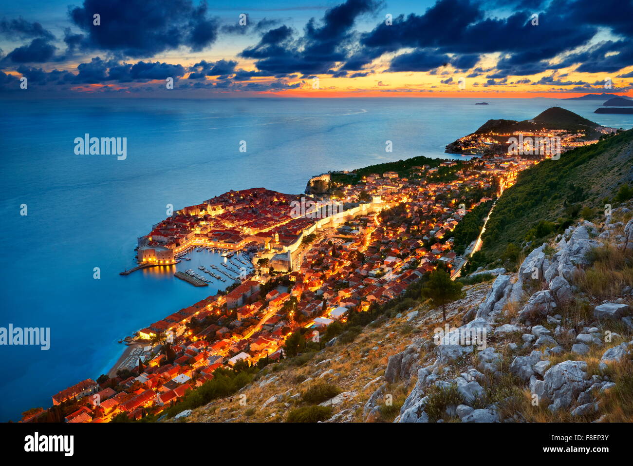 Dubrovnik -  view at Old Town City by night, Croatia Stock Photo