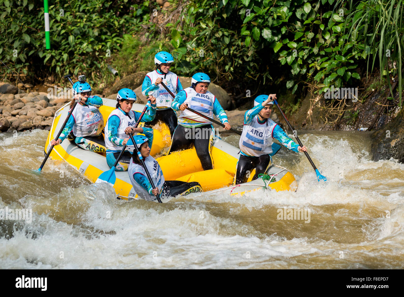 Argentina open women's team during sprint race category on 2015 World Rafting Championship. Stock Photo