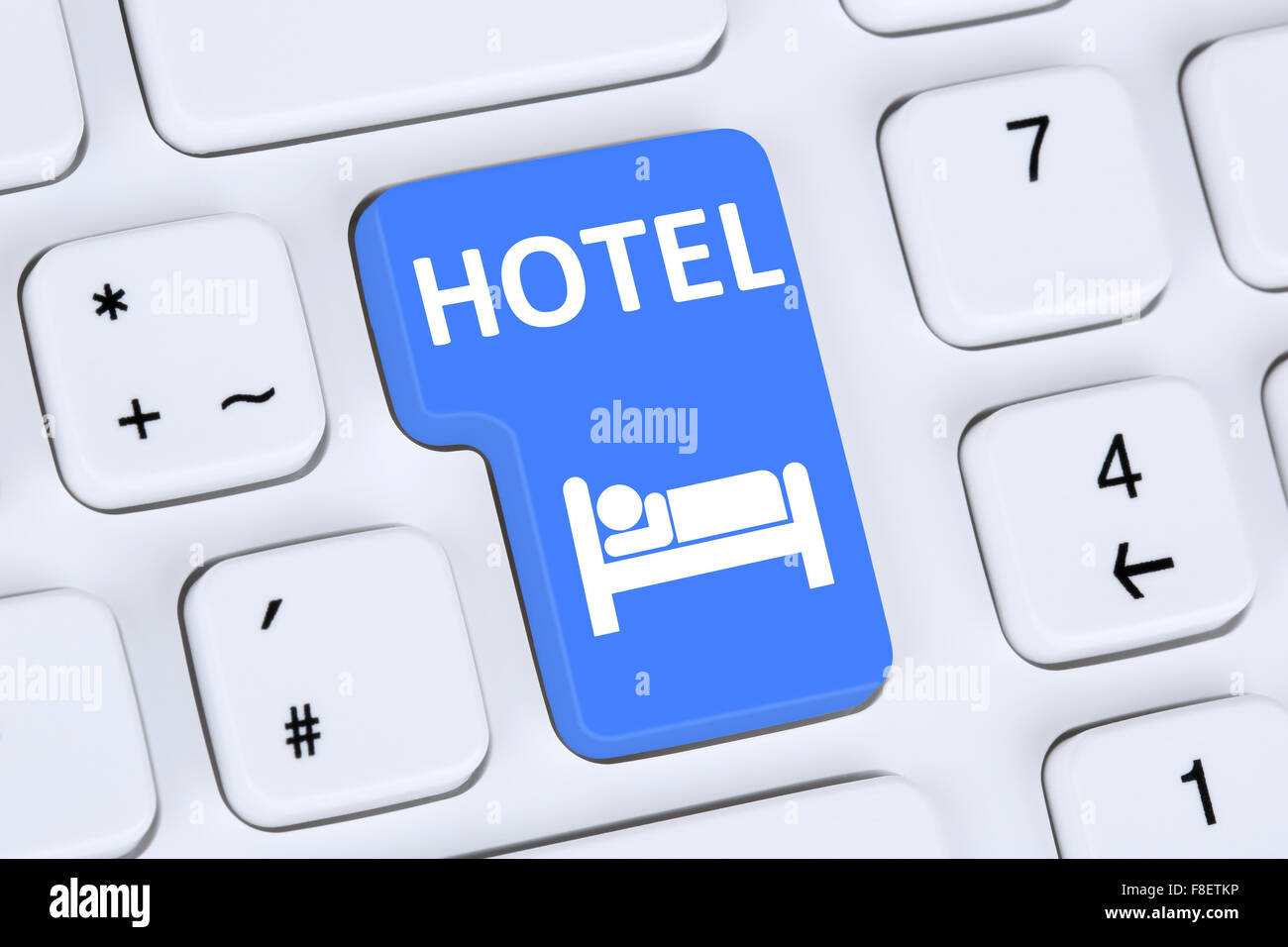 Hotel room stay online internet booking computer concept Stock Photo