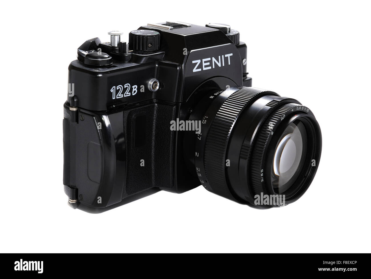 Zenit-122B is a Russian SLR camera with lens JUPITER 9 MS for use with 35 mm film, shallow DOF Stock Photo