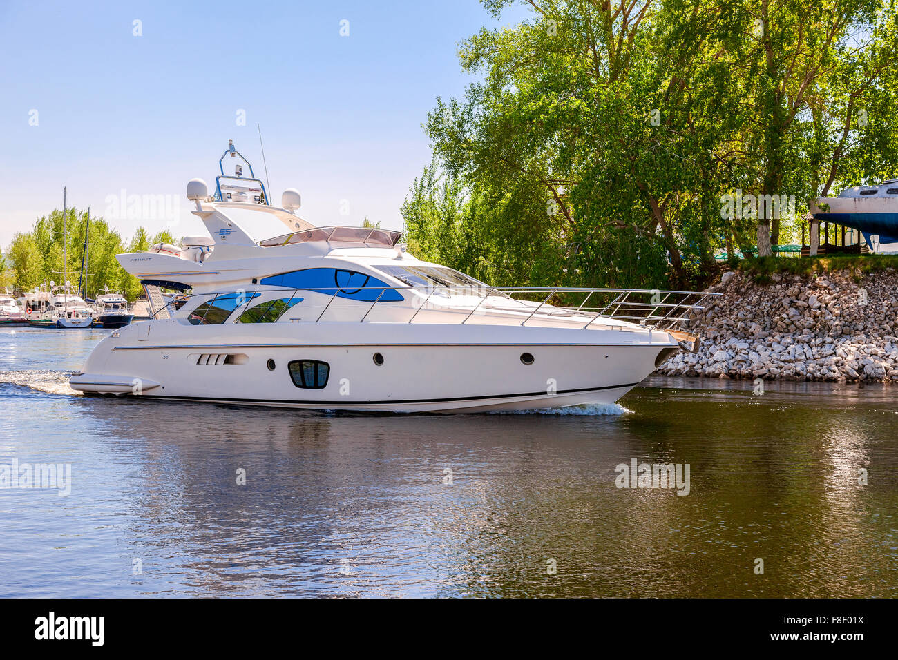 Large luxury motor boat on the Volga River in sunny day Stock Photo