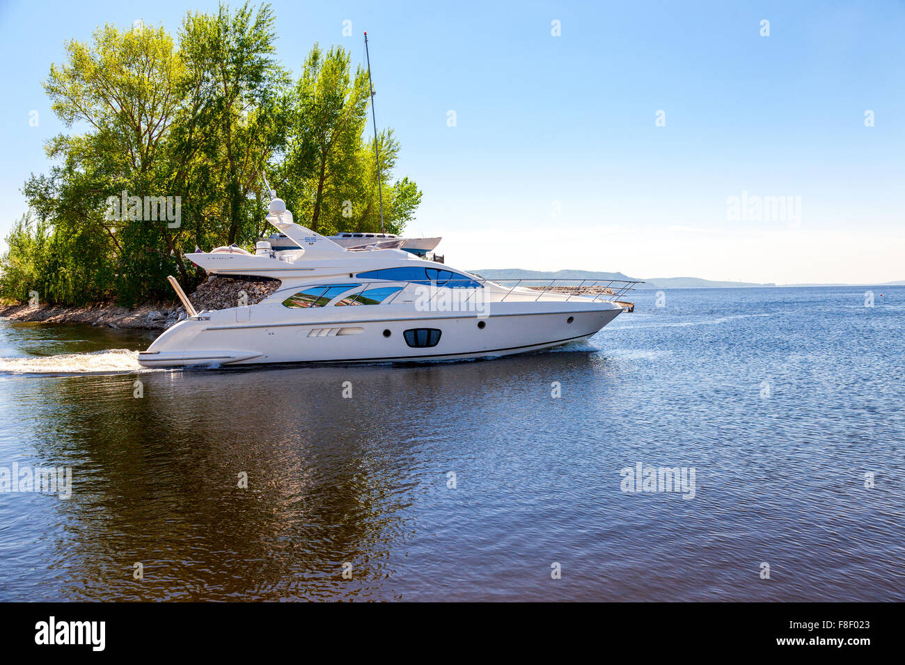 Large luxury motor boat on the Volga River in sunny day Stock Photo