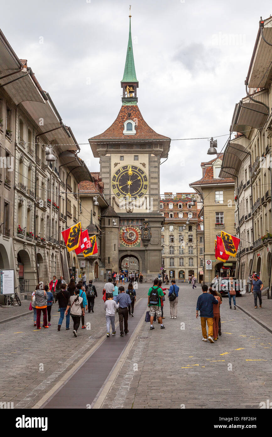 Street view of Kramgasse and Zytglogge Clock Tower in Bern. Switzerland. Stock Photo