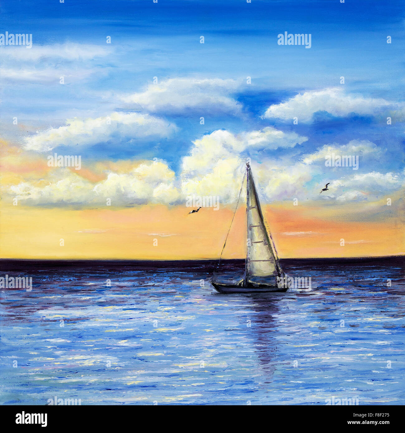 Original oil painting of sailing ship or boat and sea on canvas.Rich