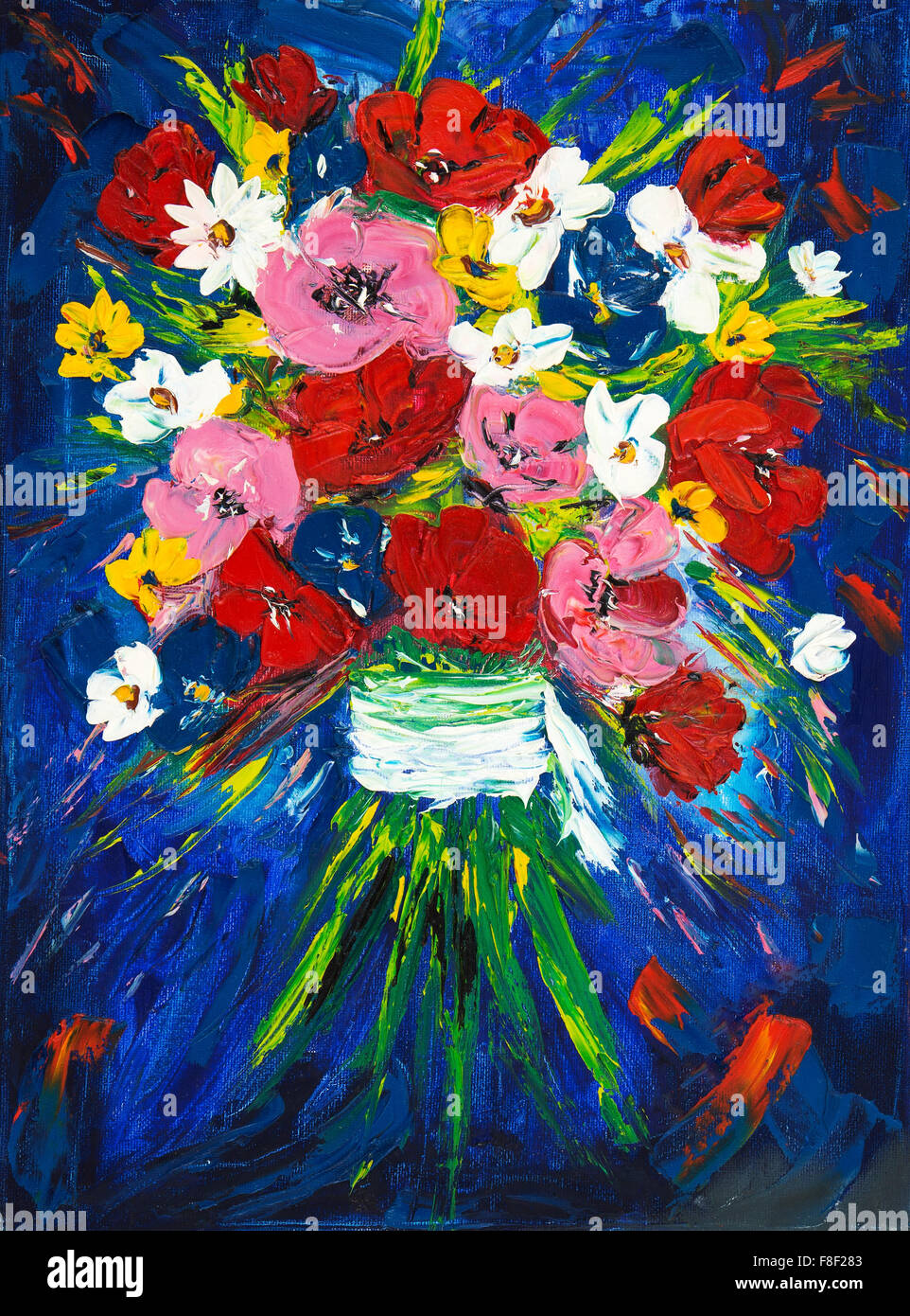 Original oil painting of beautiful vase or bowl of fresh flowers. on