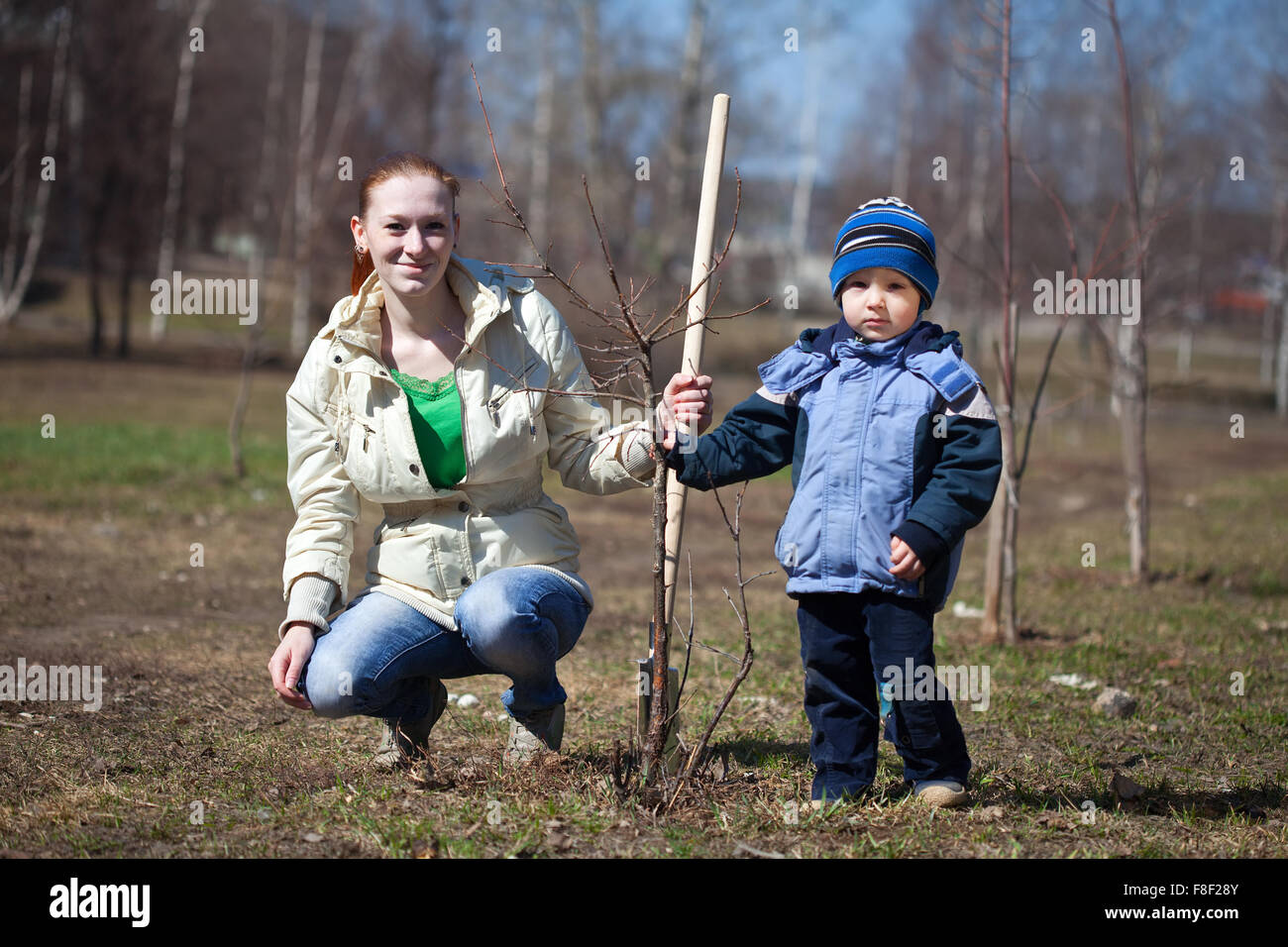 woman and boy with spade outdoors planting tree Stock Photo - Alamy