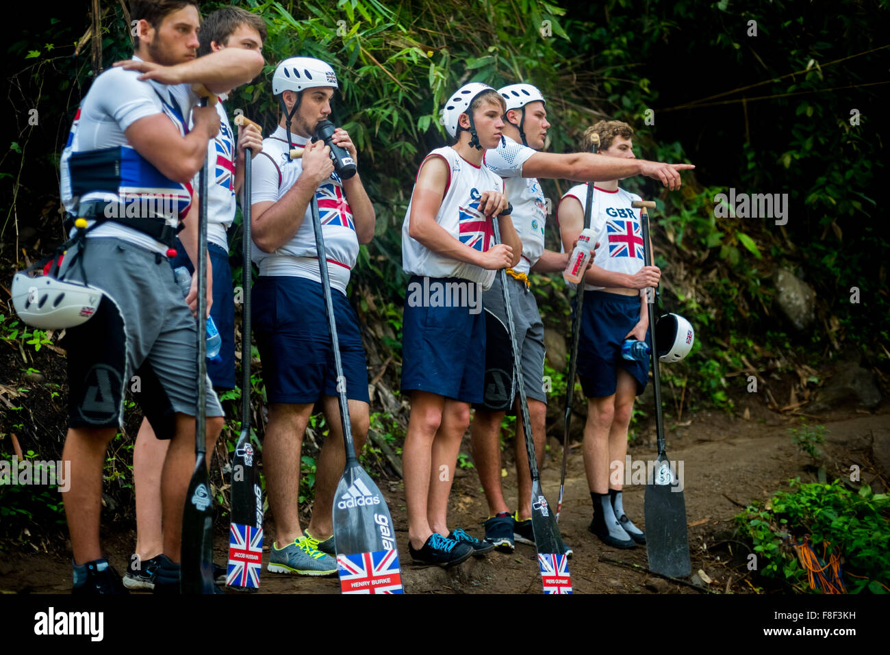 Great Britain U19 men team discussing the route before slalom race category on 2015 World Rafting Championships. Stock Photo