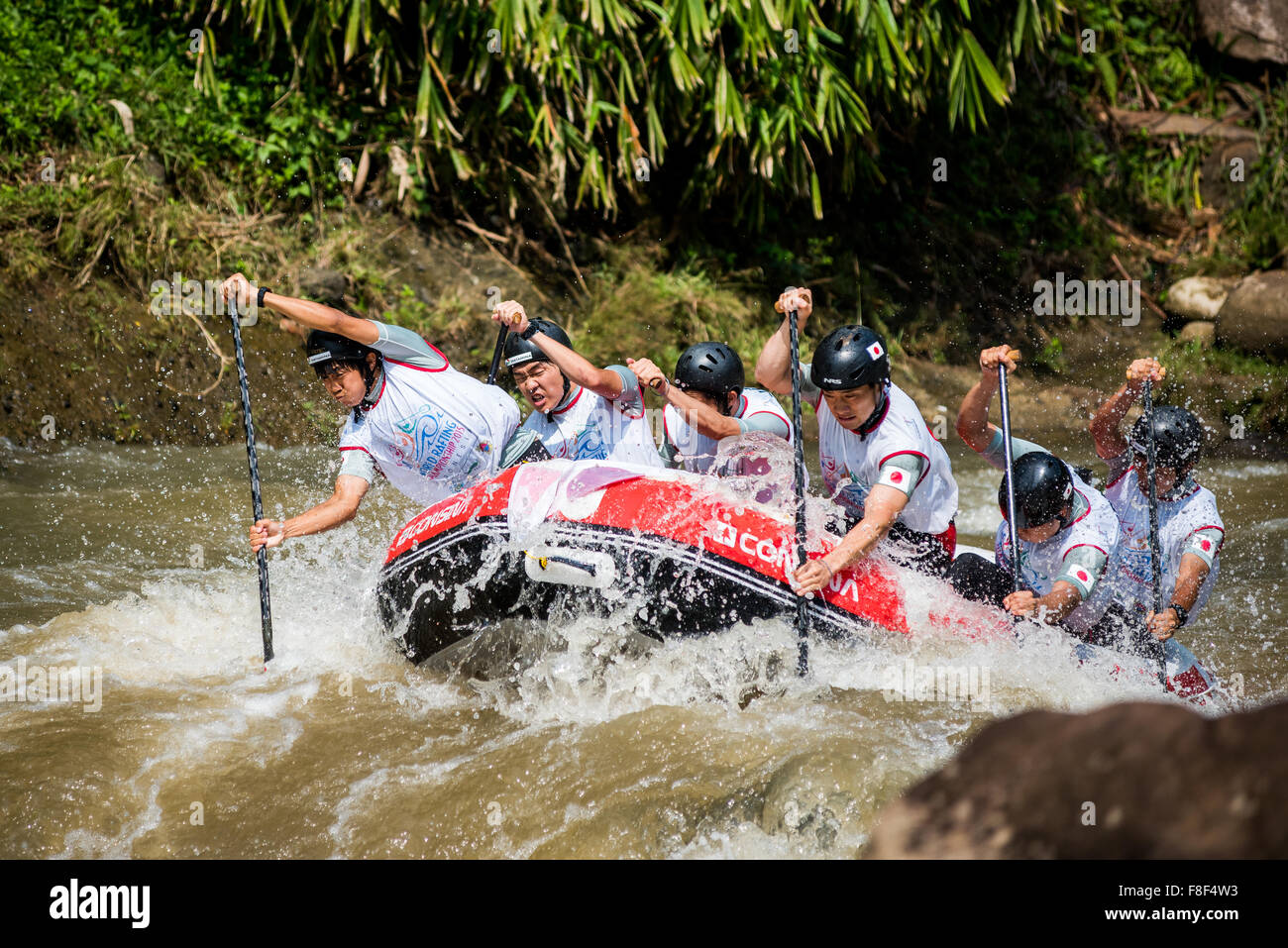 Japan U23 men's team in action in the sprint race category during the 2015 World Rafting Championships. Stock Photo