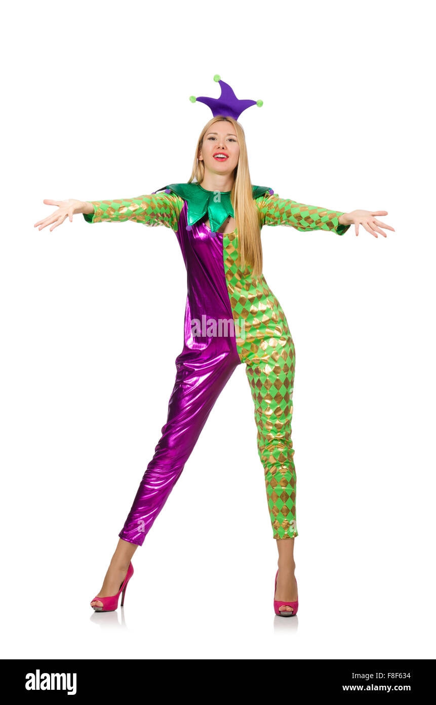 Woman wearing clown costume isolated on white Stock Photo - Alamy