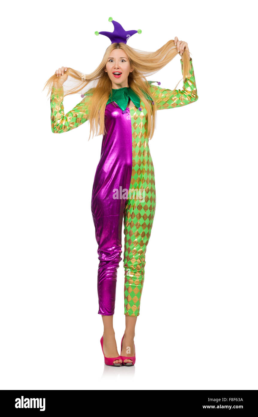 Woman wearing clown costume isolated on white Stock Photo - Alamy