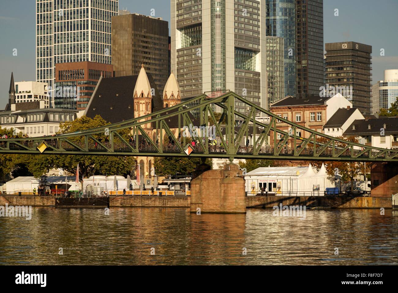Main river bridge  Eiserner Steg with skyline, Financial District , Frankfurt am Main, Hesse, Germany, Europe Stock Photo