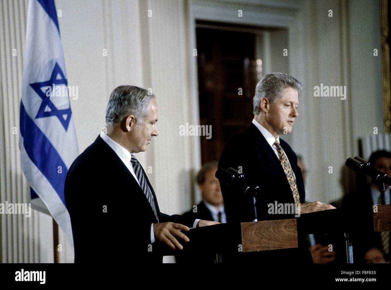 Washington, DC. USA, 9th July 1996  Israeli Prime Minister Benjamin Netanyahu is joined at the podium by President William Clinton during a formal joint news conference in the East Room of the White House.  Benjamin 'Bibi' Netanyahu is the current Prime Minister of Israel. He also currently serves as a member of the Knesset and Chairman of the Likud party. Born in Tel Aviv to secular Jewish parents, Netanyahu is the first Israeli prime minister born in Israel after the establishment of the state. Credit: Mark Reinstein Stock Photo