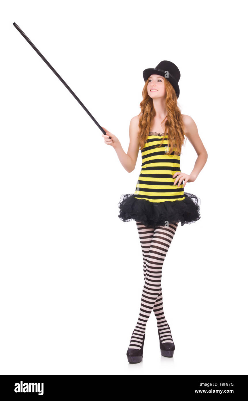 A girl in black and yellow striped dress isolated on white Stock Photo