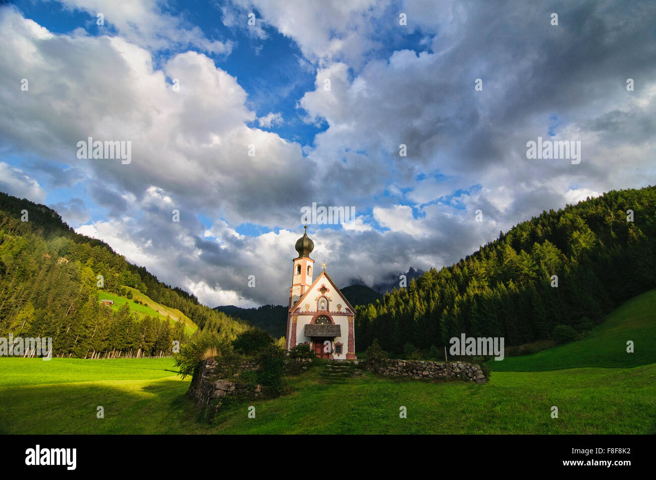St. Johann church in Ranui, Val di Funes, Dolomites, South Tirol, Italy