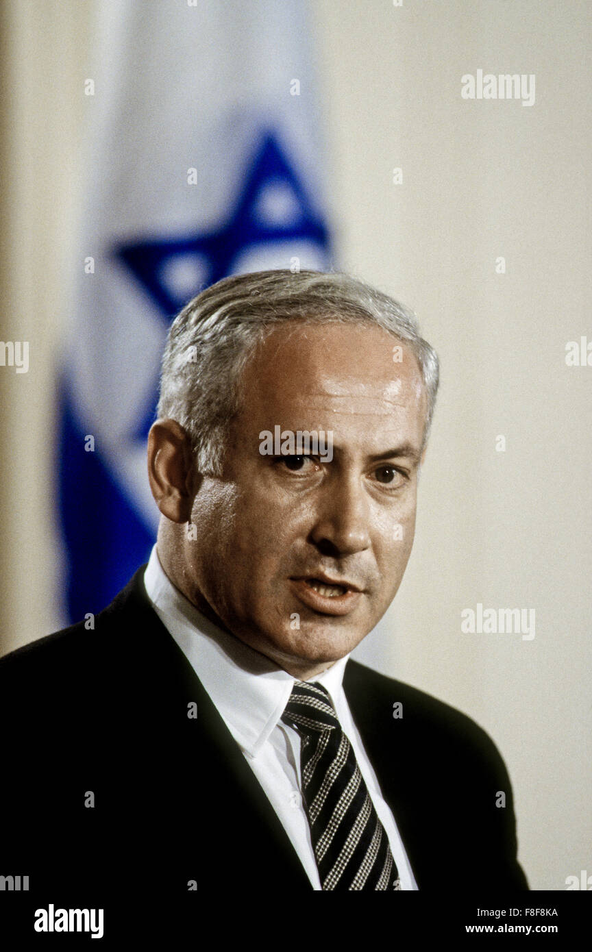 Washington, DC. USA, 9th July 1996  Israeli Prime Minister Benjamin Netanyahu answers reporters questions during a formal joint news conference with President William Jefferson Clinton in the East Room of the White House.  Benjamin 'Bibi' Netanyahu is the current Prime Minister of Israel. He also currently serves as a member of the Knesset and Chairman of the Likud party. Born in Tel Aviv to secular Jewish parents, Netanyahu is the first Israeli prime minister born in Israel after the establishment of the state. Credit: Mark Reinstein Stock Photo