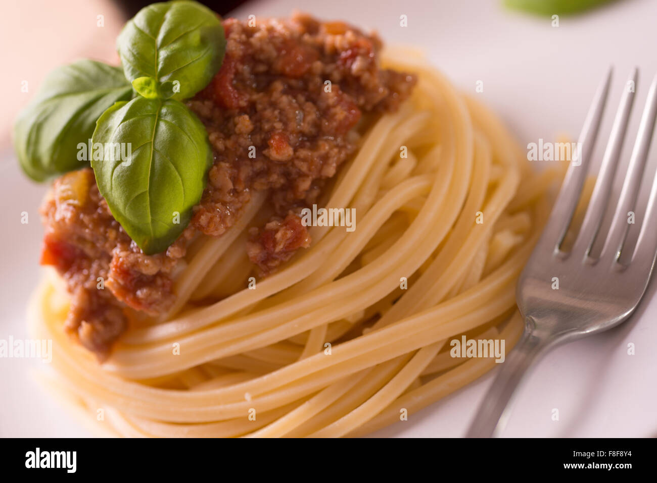 Italian spaghetti dressed with Bolognese vegan sauce Stock Photo