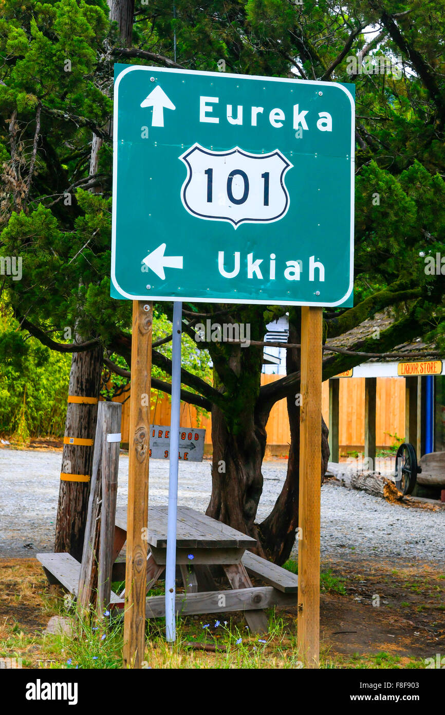US 101 to either Eureka or Ukiah road sign in Northern California Stock