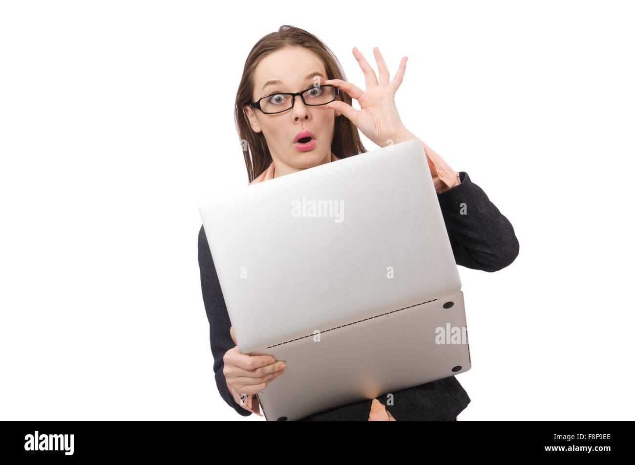 Working lady with laptop isolated on white Stock Photo - Alamy