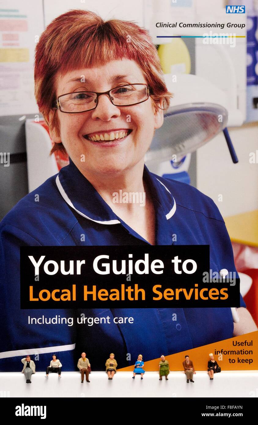 Your guide to local health services booklet with miniature people sitting at the bottom. UK publication Stock Photo
