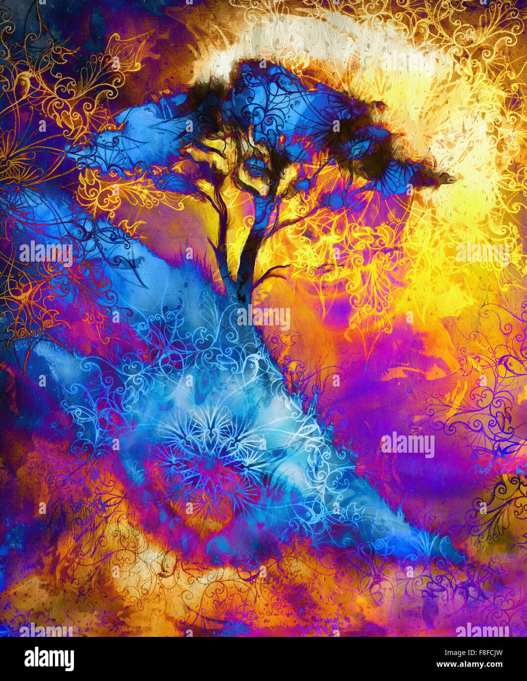 Painting tree, wallpaper landscape and ornamental mandala. Oriental background collage. Blue, black, yellow, and violet color Stock Photo