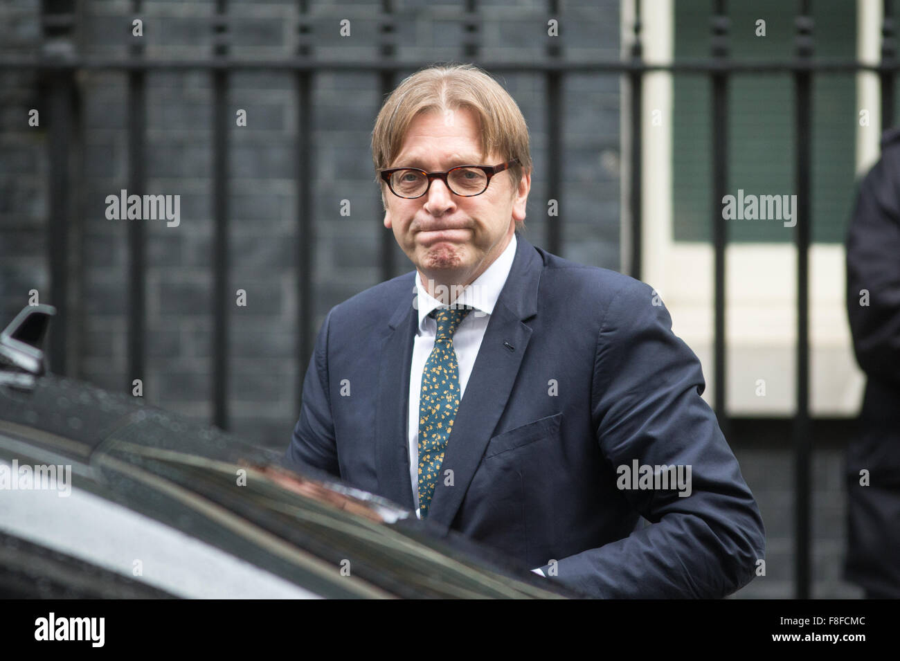 Member of European Parliament and leader of  ALDE Liberal group Guy Verhofstadt  at Downing Street for talks with David Cameron Stock Photo