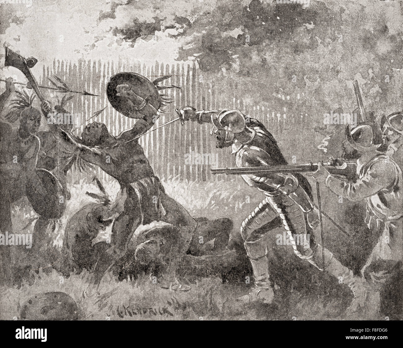 An incident during the Pequot War, an armed conflict between the Pequot tribe and an alliance of the English colonists of the Massachusetts Bay, Plymouth, and Saybrook colonies and their Native American allies (the Narragansett and Mohegan tribes) which occurred between 1634 and 1638. Stock Photo
