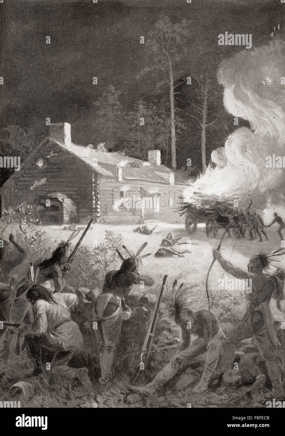 Capture of Brookfield, Massachusetts, North America by Nipmucks in 1675 during King Philip's War, aka First Indian War, Metacom's War, Metacomet's War, or Metacom's Rebellion. Stock Photo