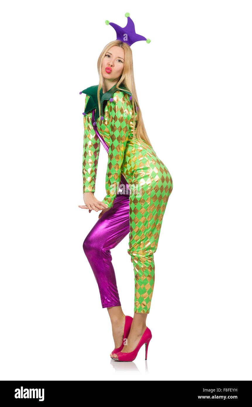 Woman wearing clown costume isolated on white Stock Photo - Alamy