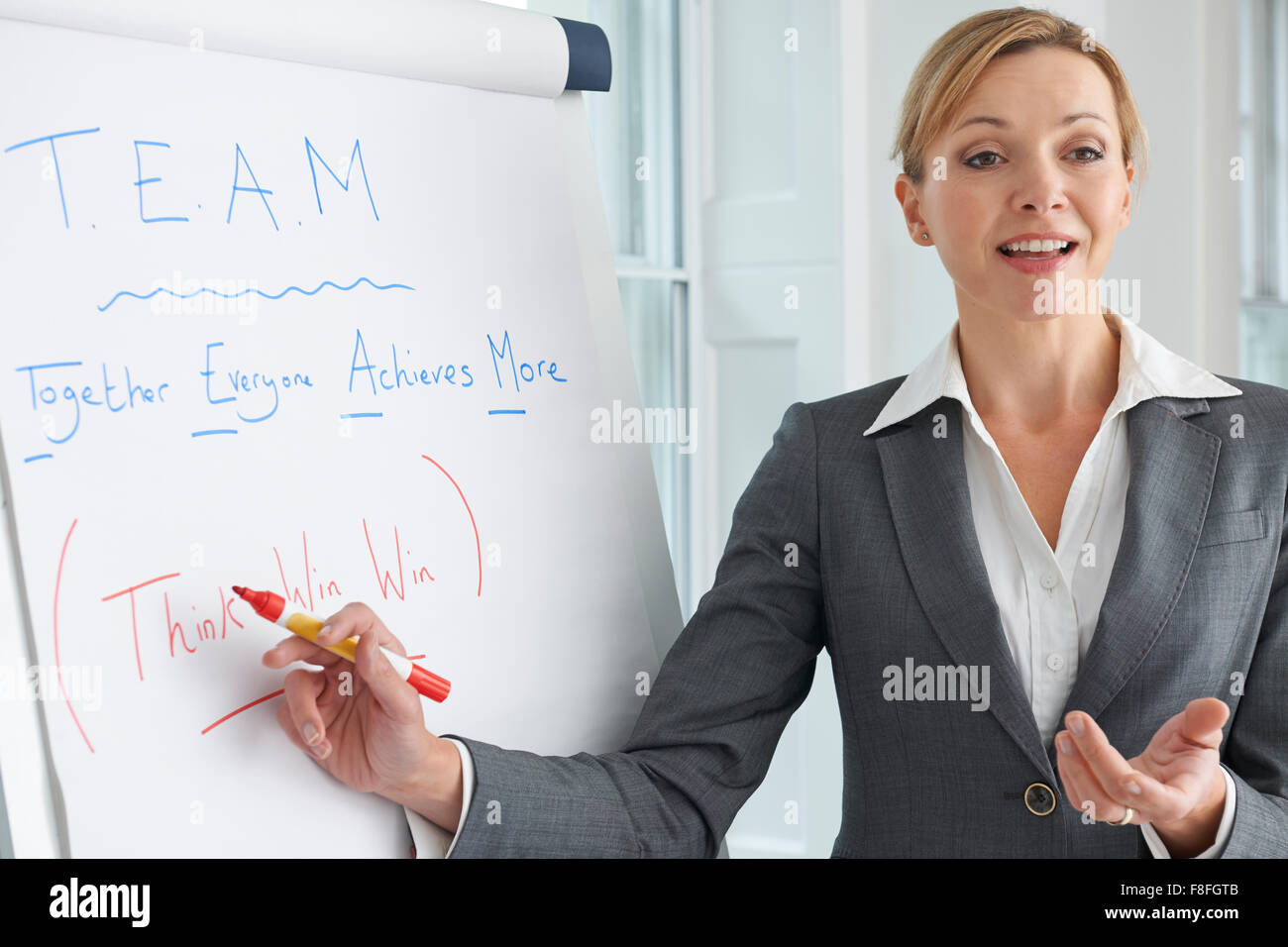 Businesswoman Standing At Flipchart Delivering Presentation Stock Photo