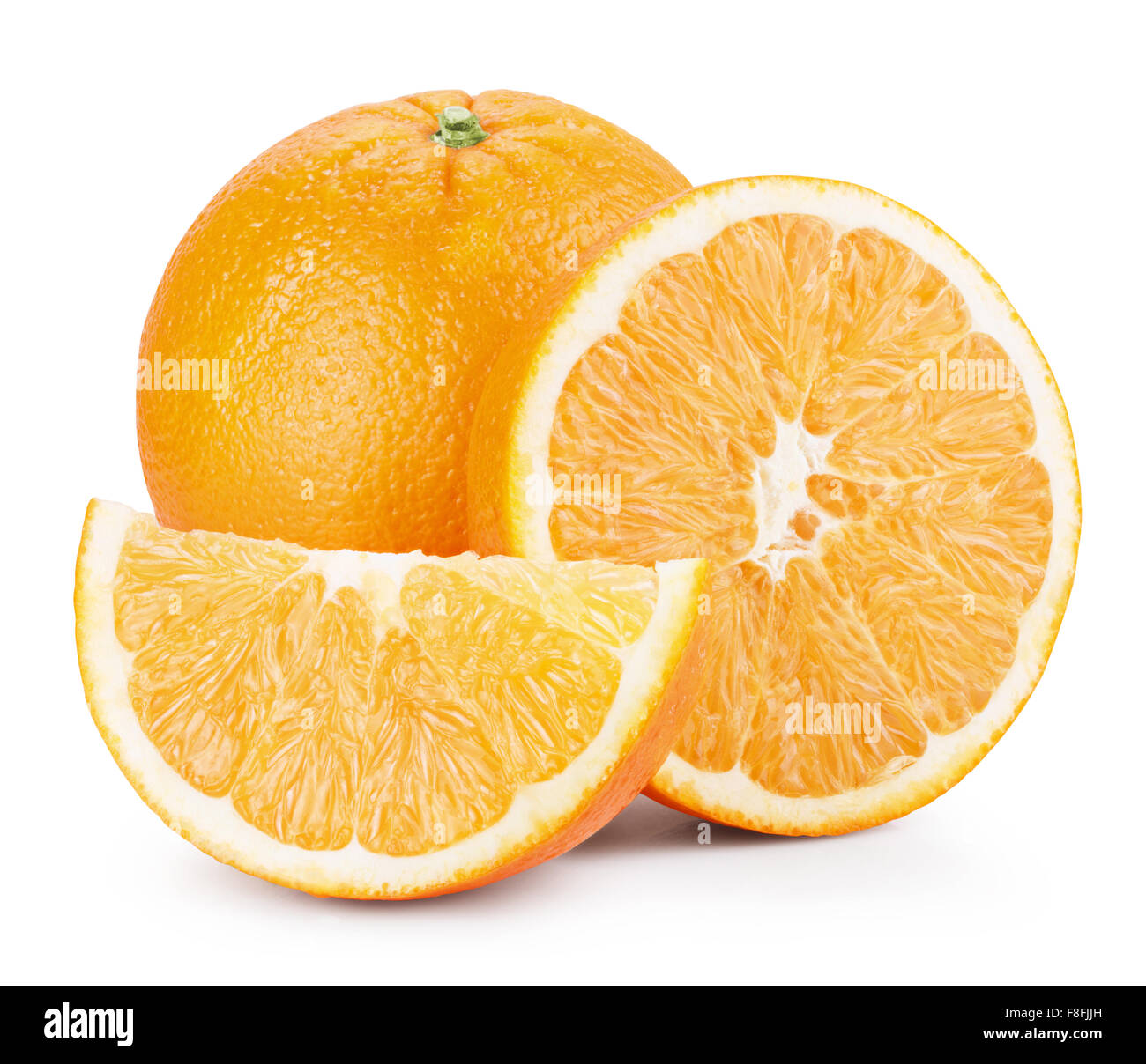 Orange fruits with slices isolated on white background. Clipping Path Stock Photo