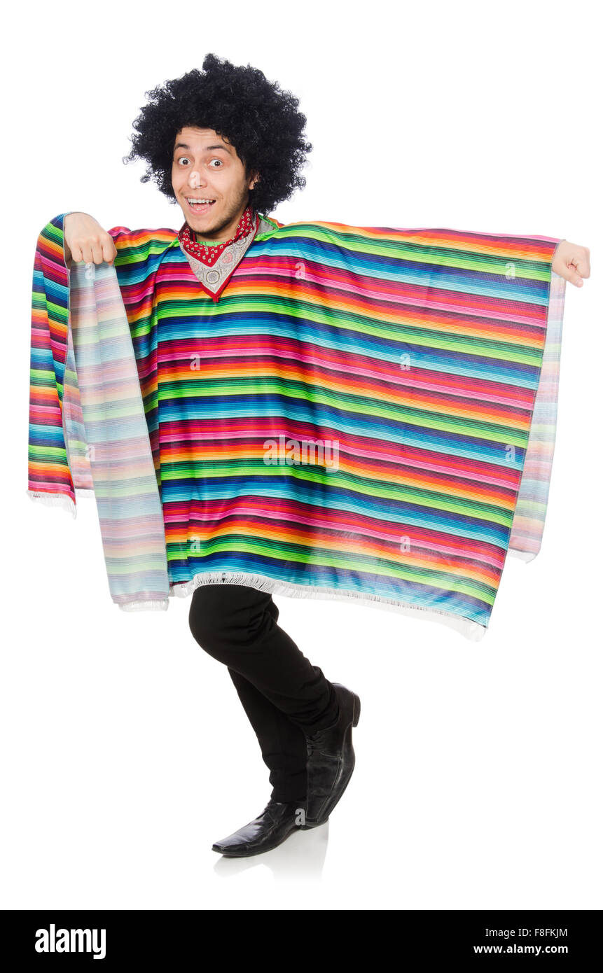 Funny mexican wearing poncho isolated on white Stock Photo
