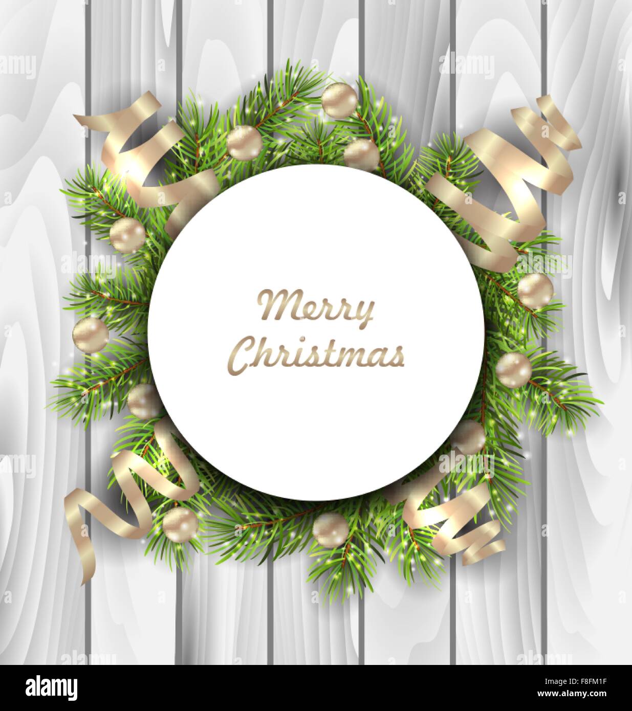 Merry Christmas Card with Fir Twigs, Balls and Serpentine Stock Vector ...