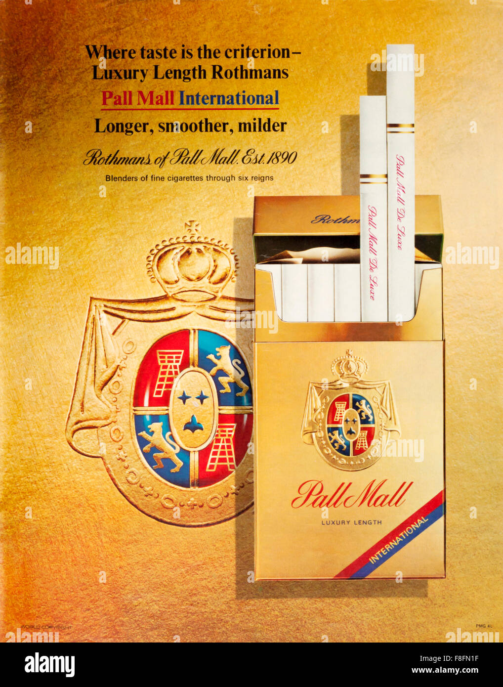 1970s magazine advertisement advertising Rothmans Pall Mall International cigarettes. Stock Photo