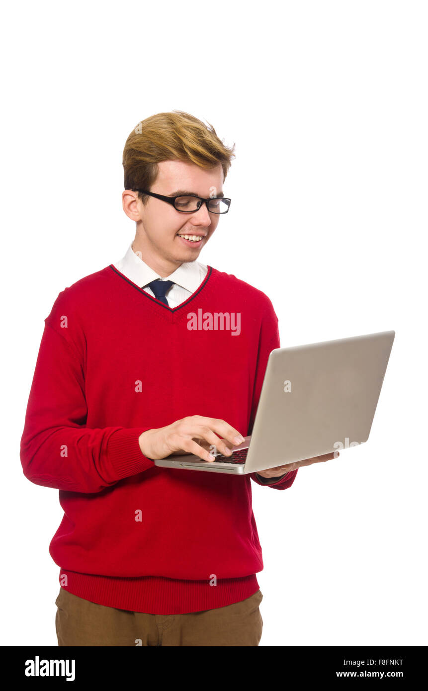 Student using laptop isolated on white Stock Photo - Alamy