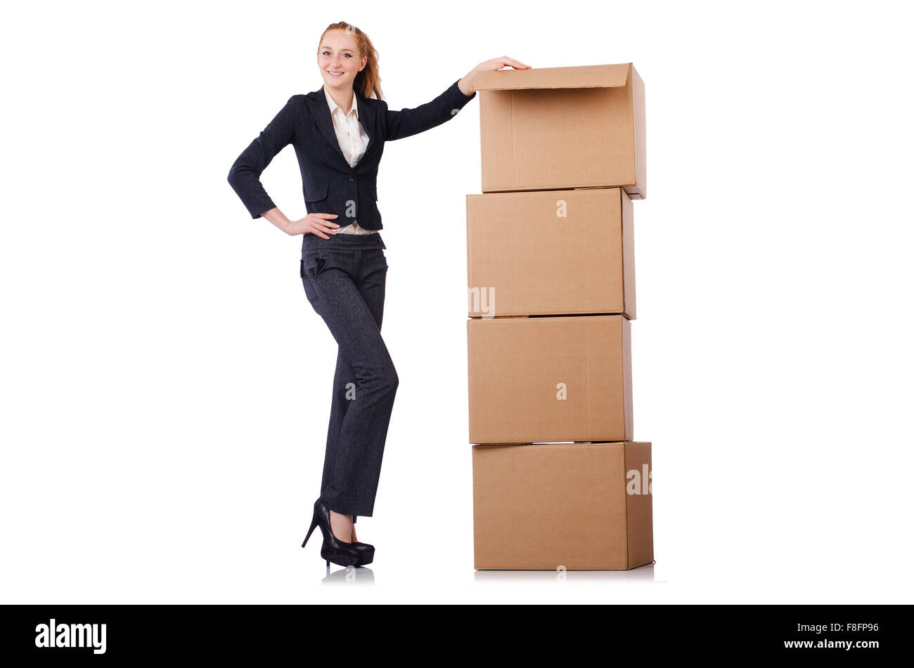 Woman businesswoman with boxes on white Stock Photo - Alamy