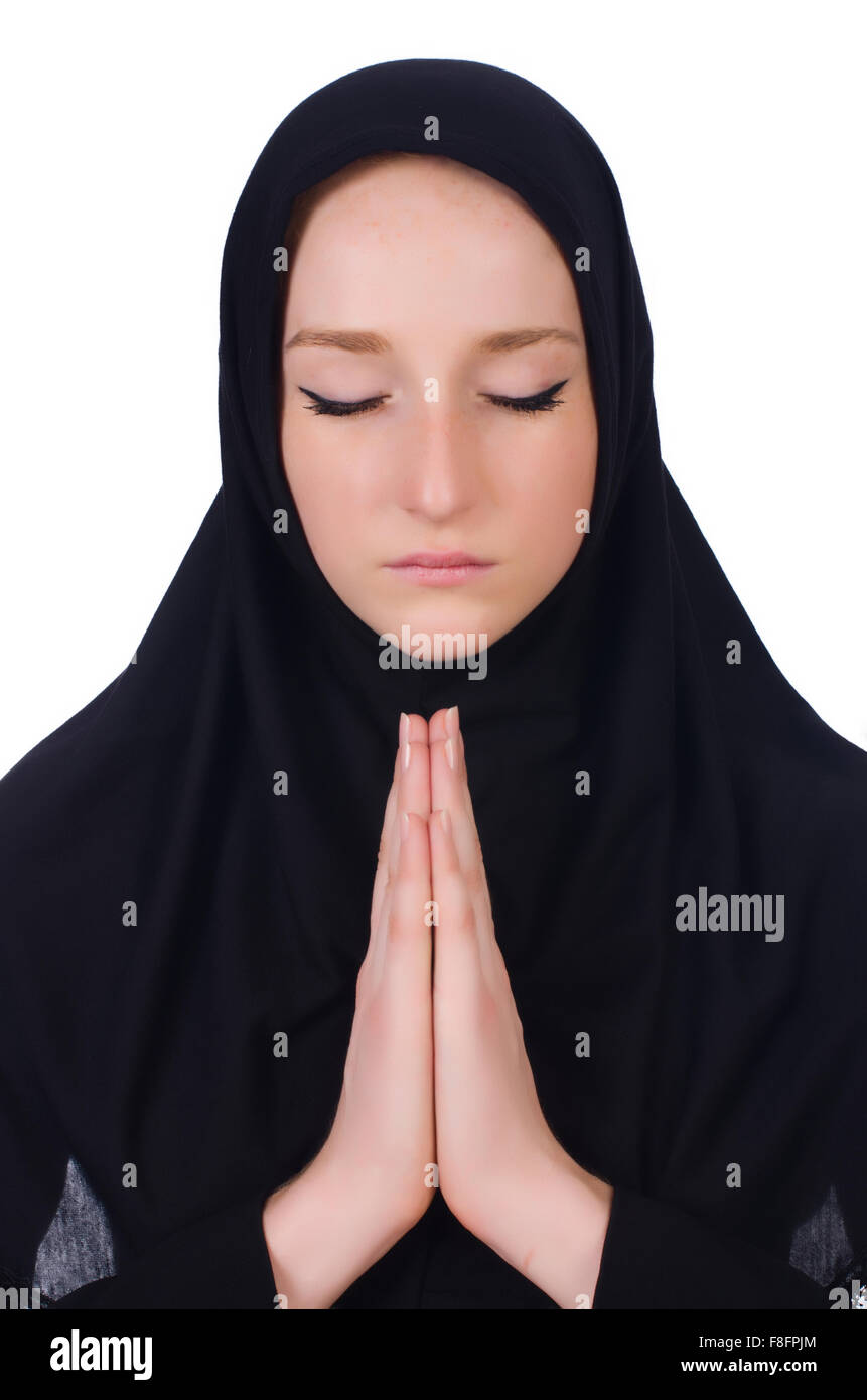 Young muslim woman praying isolated on white Stock Photo Alamy
