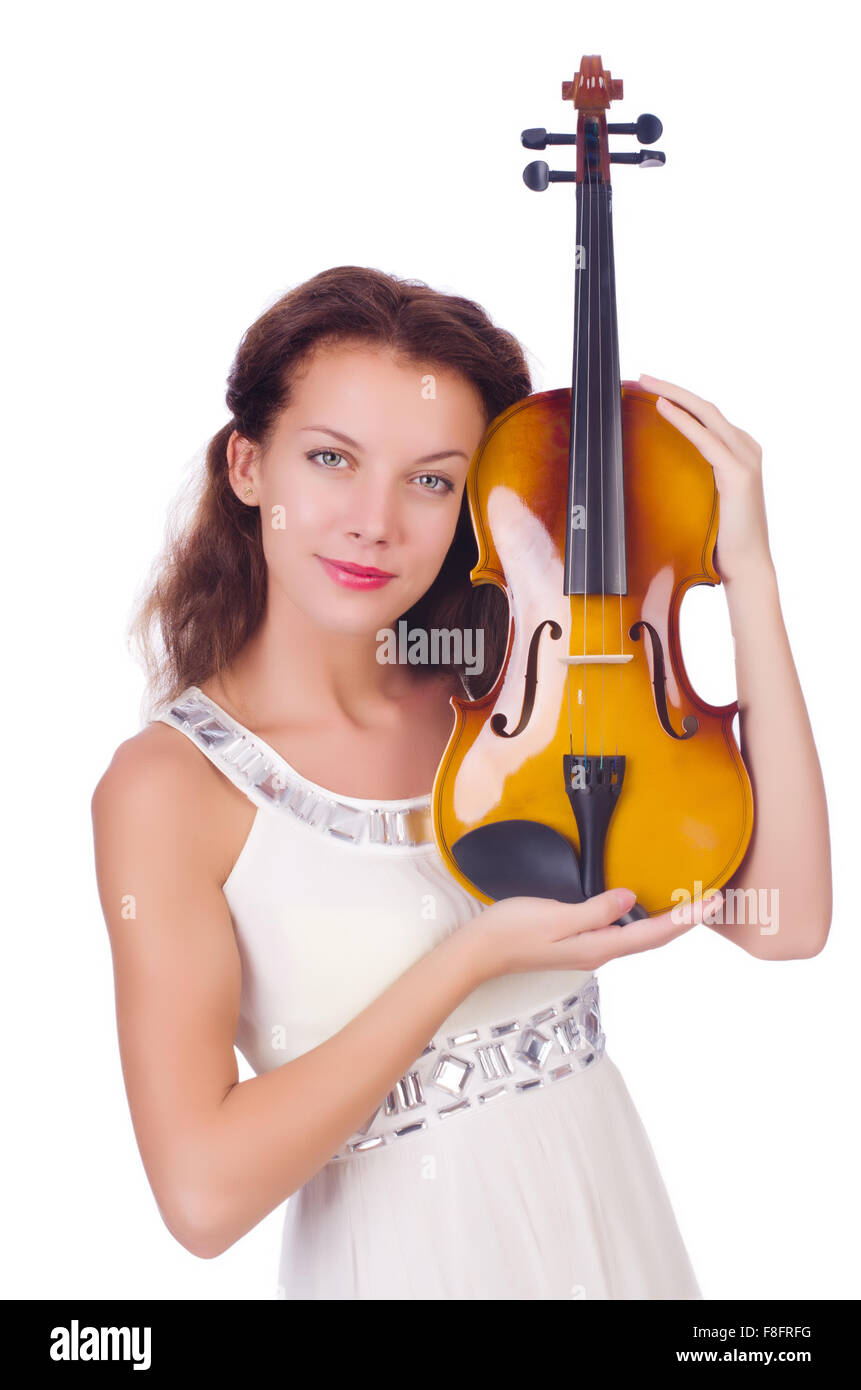 Young girl with violin on white Stock Photo - Alamy