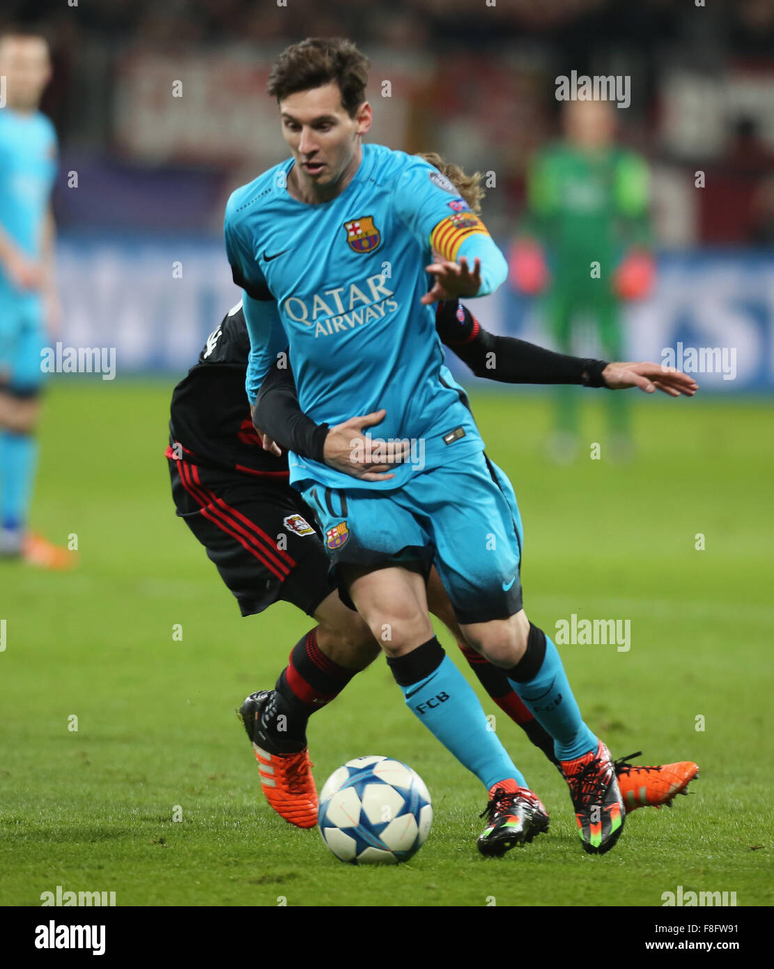 Leverkusen Germany 9th Dec 2015. Champions League Bayer 04 Leverkusen vs FC Barcelona Lionel Andres Messi Barcelona vs Christoph Kramer Leverkusen Credit Juergen Schwarz Alamy Live News Stock Photo Al...