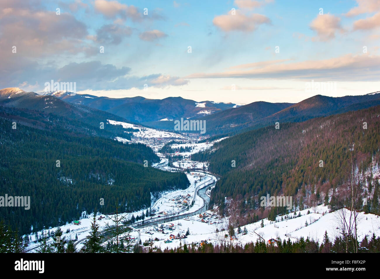 Aerial view of Carpathians Mountains with river and village Stock Photo ...