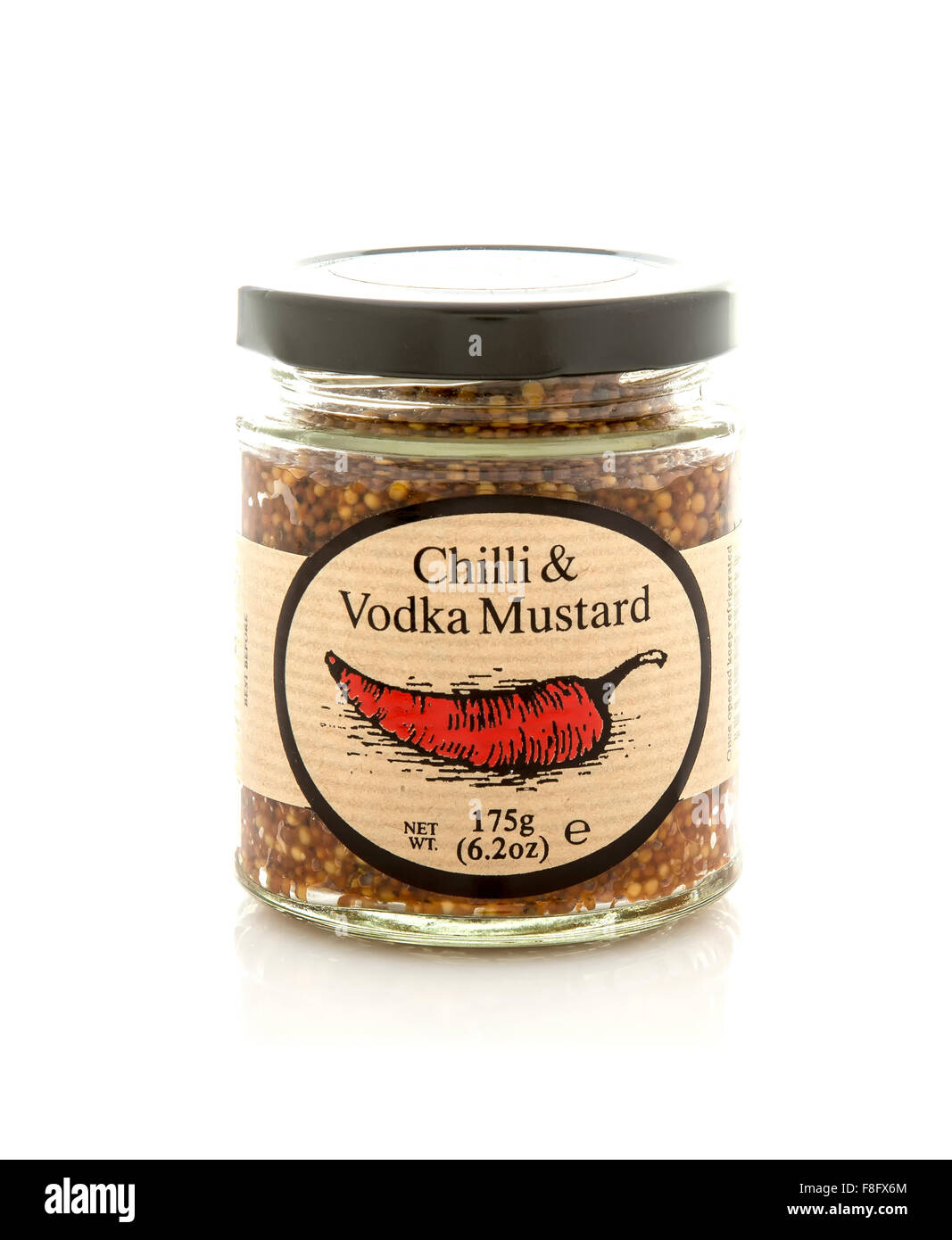 Jar of Edinburgh Preserves Chilli and Vodka Mustard on a White Background Stock Photo