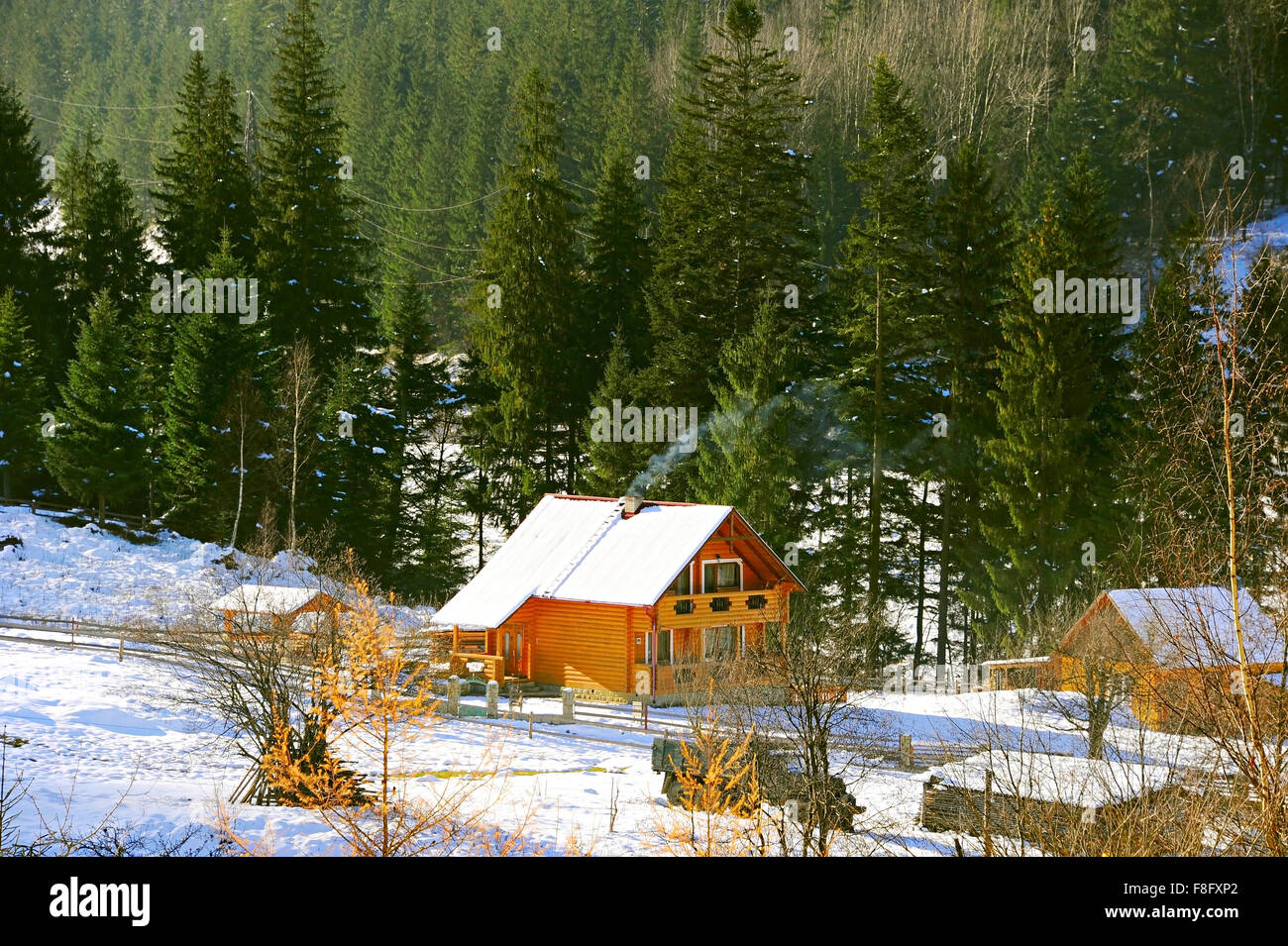 Wooden house in the Carpathians mountains village in the winter Stock
