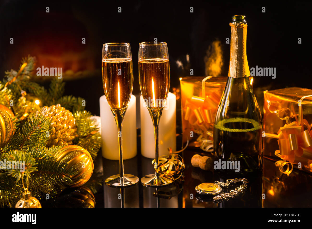 Festive Still Life - Two Glasses of Sparkling Champagne with Bottle ...