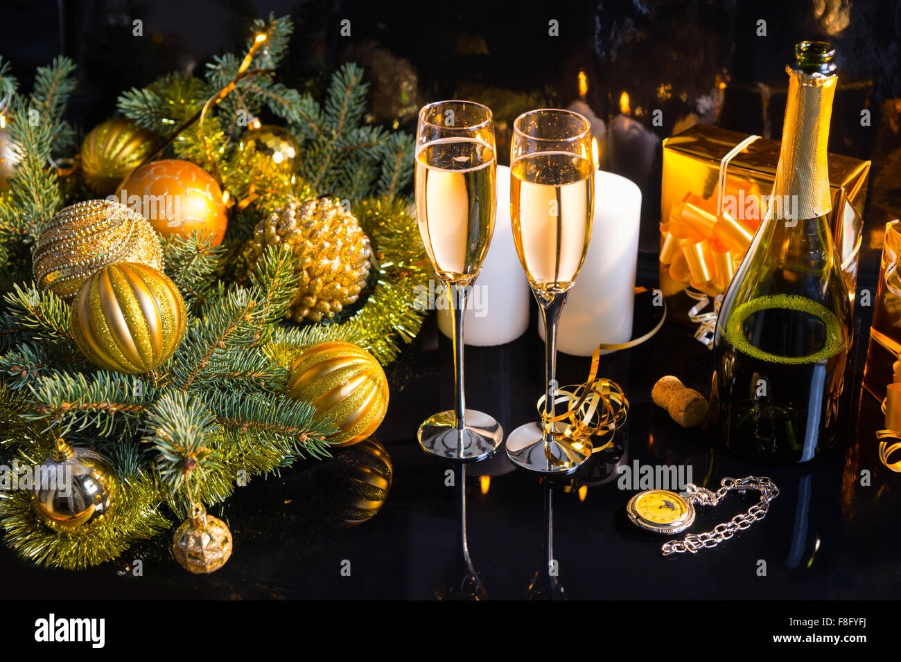 High Angle Festive Still Life - Two Glasses of Sparkling Champagne with ...