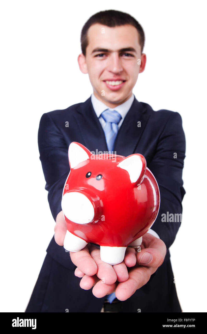 Man with piggybank isolated on white Stock Photo - Alamy